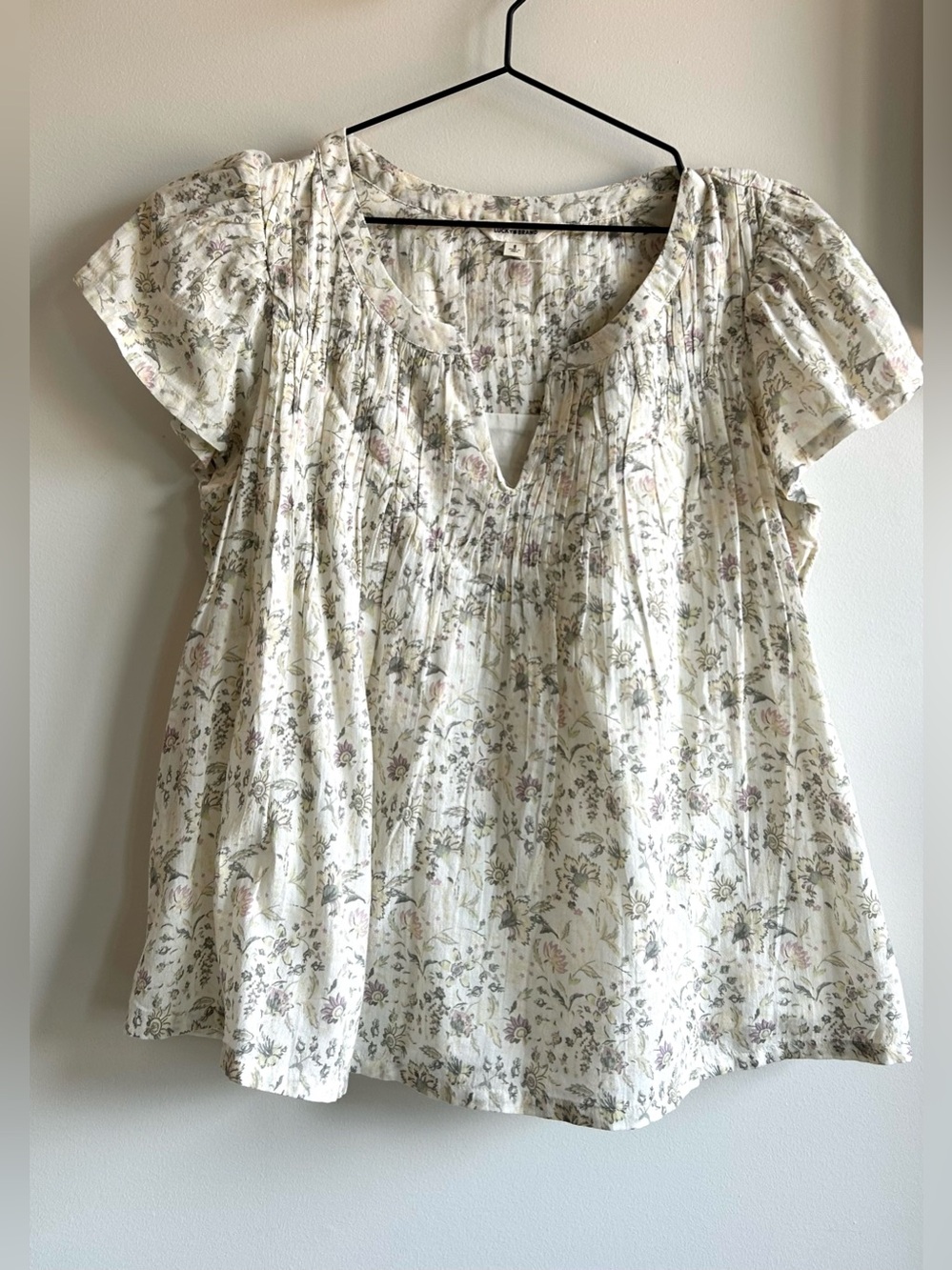 Lucky Brand Cream Floral Pintuck V-Notch Blouse with Soft Cotton Lining